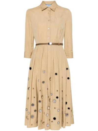 Prada Mirror Embellished Belted Midi Dress In Beige