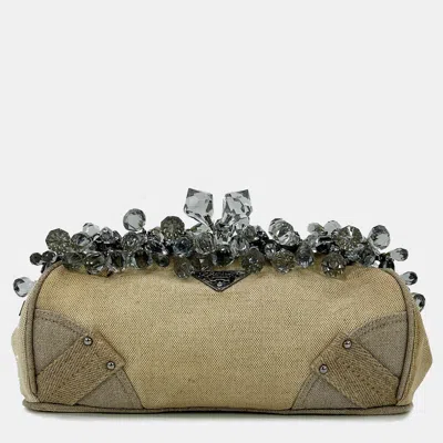 Pre-owned Prada Mistolino Natural Canvas Crystal Beaded Top Pochette In Beige