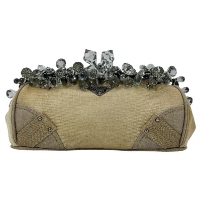 Pre-owned Prada Mistolino Natural Canvas Crystal Beaded Top Pochette In Brown