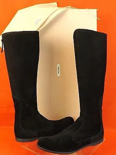 Pre-owned Prada Miu Miu 5w7186 Black Stretch Suede Knee High Tall Back Zip Flat Boots 41