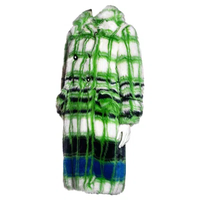 Pre-owned Prada Miu Miu Green And White Checked Faux Fur Double Breasted Coat, Fw 2017