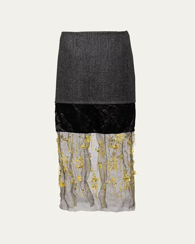 Prada Mixed-media Embellished Midi Skirt In F0y06 Acciaio Ardesia