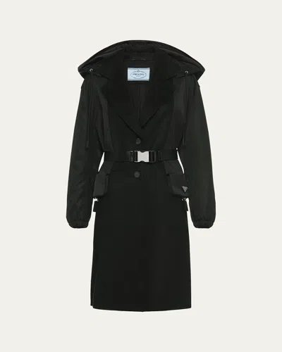 Prada Mixed-media Hooded Cashmere Coat In Nero Nero