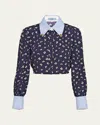 Prada Mixed-print Crop Button Down Silk Shirt In Bleu