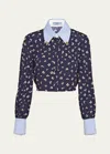 Prada Mixed-print Crop Button Down Silk Shirt In F0008 Bleu