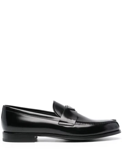 Prada Enamel-triangle-logo Leather Loafers In Schwarz