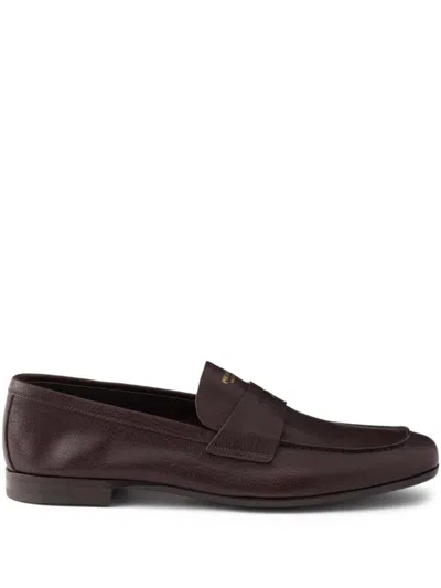 Prada Leather Loafers With Strap In Brown