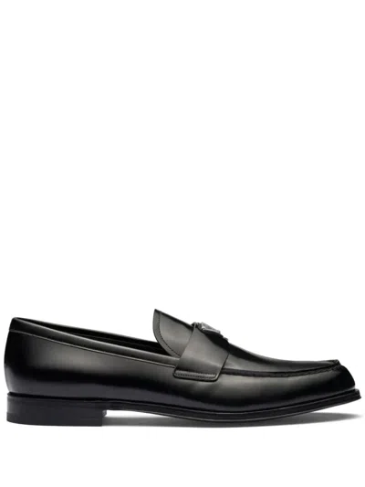 Prada Triangle Logo Chocolate Brushed Leather Loafers In Black