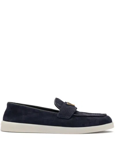 Prada Enamel Triangle-logo Suede And Leather Loafers In Black