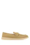 Prada Suede Loafers With Rubber Sole And Stitch Detailing In Brown