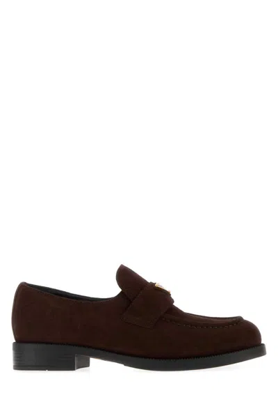Prada Dark Brown Suede Loafers In Multi