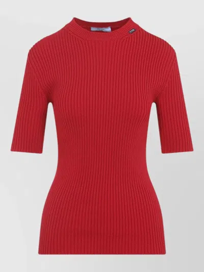 Prada Mock Neck Ribbed Knit Short Sleeve Top In Red