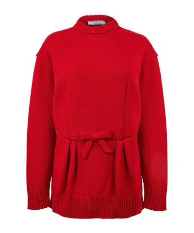 Prada Mock Neck Waist-cinched Knit Sweater In Red