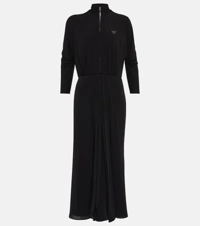 Prada Mockneck Midi Dress In Nero
