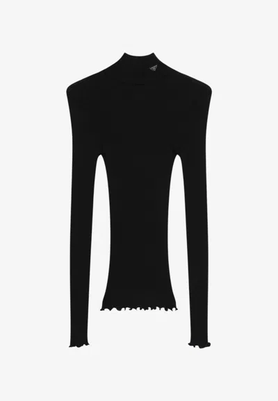 Prada Mock-neck Ribbed Knit Slim Sweater In Black