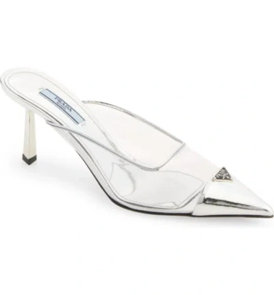 Pre-owned Prada Modellerie Clear Pvc Silver Backless Pointed Sandal Mule Heel Pump 38.5