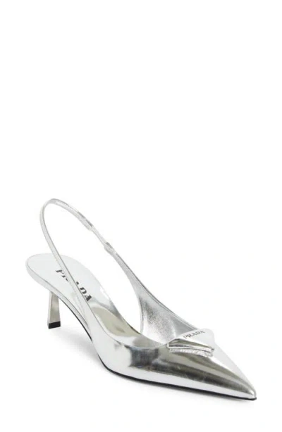 Prada Modellerie Pointed Toe Metallic Kitten Heel Slingback Pump In Silver