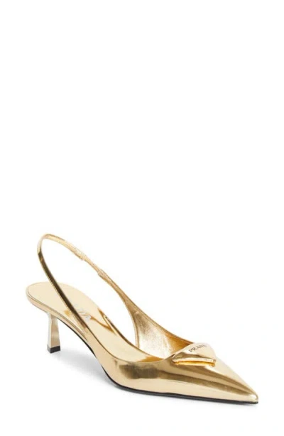 Prada Modellerie Pointed Toe Metallic Kitten Heel Slingback Pump In Yellow