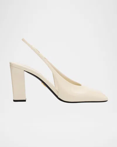 Prada 85 Patent Leather Slingback Pumps In White