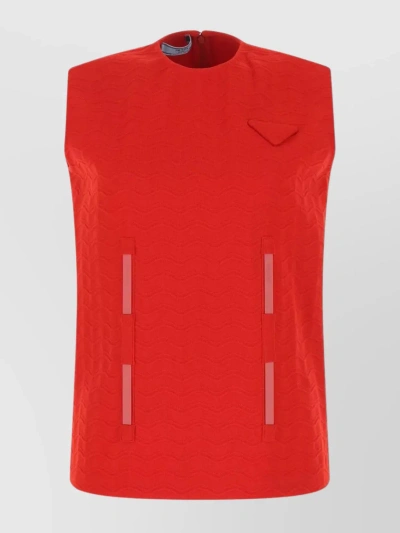 Prada Modern Sleeveless Top With Textured Mock Neck And Side Pockets In Red