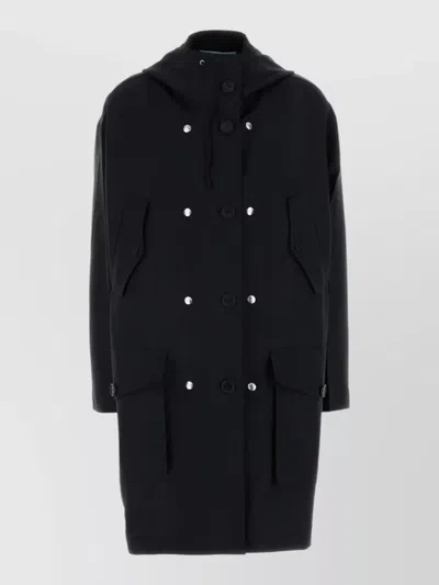 Prada Mohair Blend Long Hooded Double Breasted Coat In Black