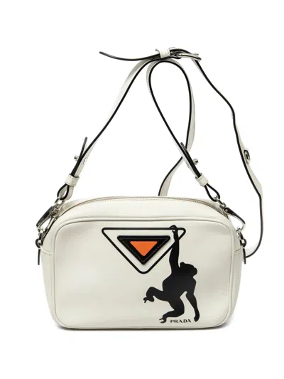 Pre-owned Prada Monkey-print Shoulder Bag In White