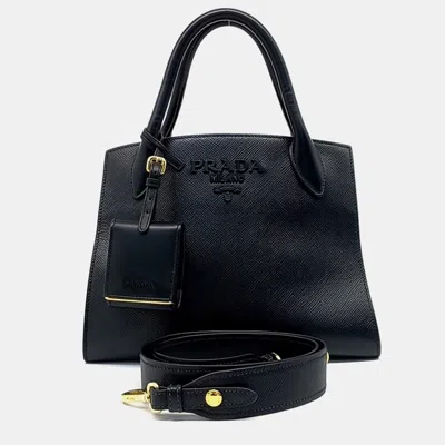 Pre-owned Prada Monochrome Black Saffiano Leather Tote And Shoulder Bag (1ba156)