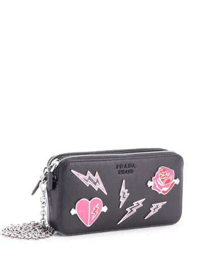 Pre-owned Prada Monochrome Double Zip Wallet On Chain Pin Embellished Saffiano Leather Crossbody Bag In Black
