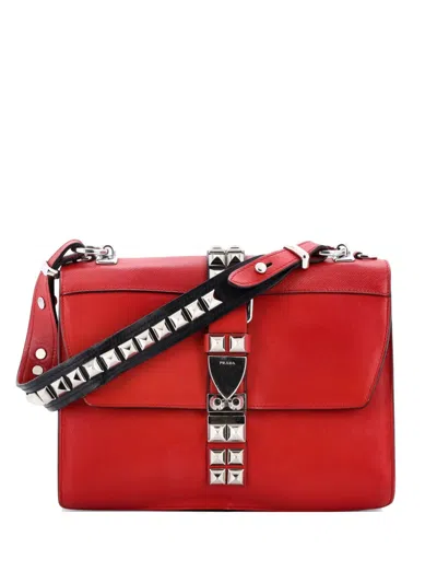 Pre-owned Prada Monochrome Elektra Studded Leather Medium Shoulder Bag In Red