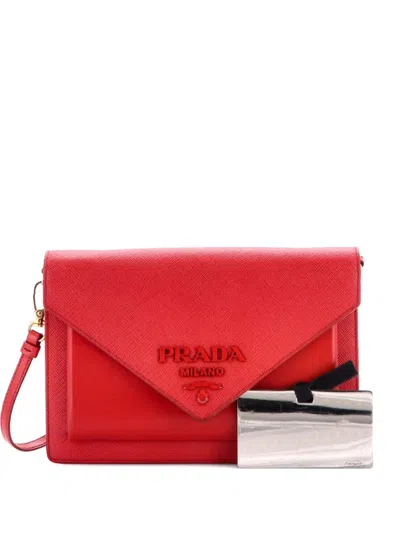 Pre-owned Prada Monochrome Envelope Saffiano With City Calf Mini Crossbody Bag In Red