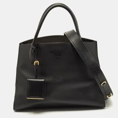 Pre-owned Prada Monochrome Medium Black Saffiano Cuir Leather Tote