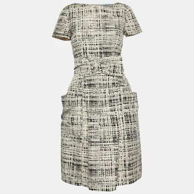Pre-owned Prada Monochrome Printed Silk Short Sleeve Belted Knee Length Dress S In Sand