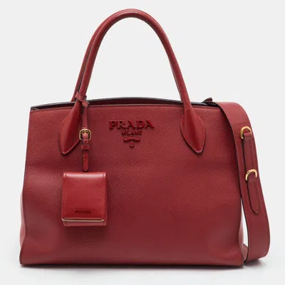 Pre-owned Prada Monochrome Saffiano Medium Saffiano Cuir Leather Tote In Red