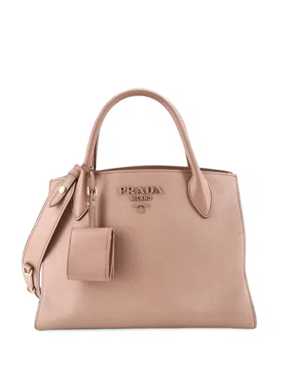 Pre-owned Prada Monochrome Saffiano With City Calf Medium Tote Bag In ニュートラル