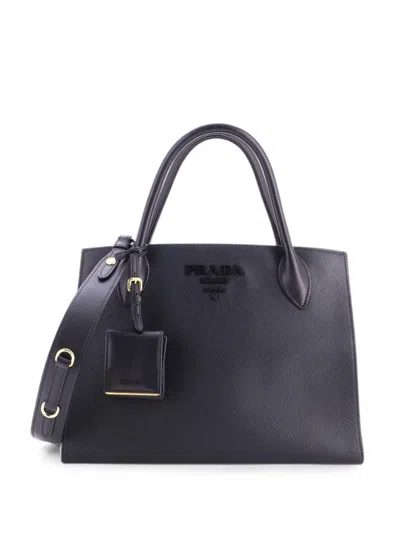 Pre-owned Prada Monochrome Saffiano With City Calf Medium Tote Bag In Black