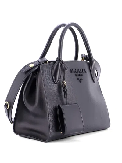 Pre-owned Prada Monochrome Saffiano With City Calf Small Tote Bag In Black
