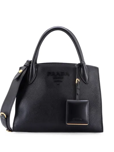 Pre-owned Prada Monochrome Saffiano With City Calf Small Tote Bag In Black