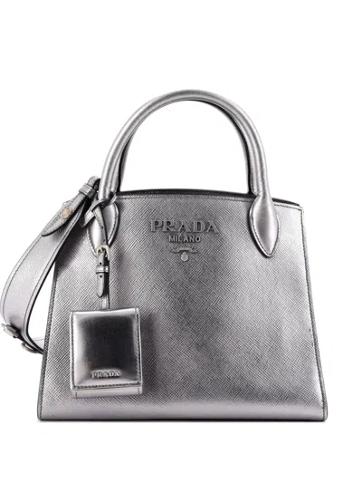 Pre-owned Prada Monochrome Saffiano With City Calf Small Tote Bag In Silver