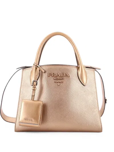 Pre-owned Prada Monochrome Saffiano With City Calf Small Tote Bag In Silver