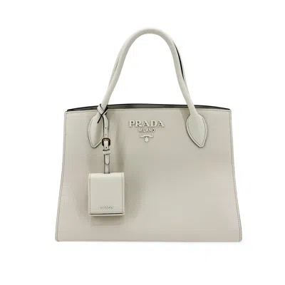 Pre-owned Prada Monochrome Saffiano With City Calf White Leather Tote Bag Bag ()