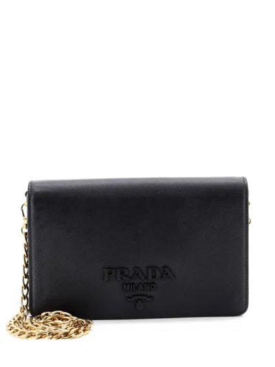 Pre-owned Prada Monochrome Wallet On Chain Saffiano Leather Mini Crossbody Bag In Black