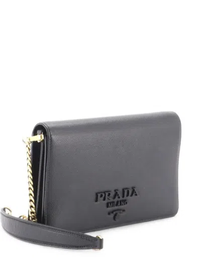 Pre-owned Prada Monochrome Wallet On Chain Saffiano Leather Mini Crossbody Bag In Black