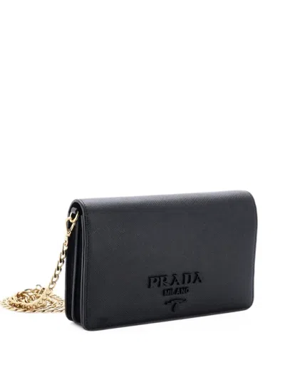 Pre-owned Prada Monochrome Wallet On Chain Saffiano Leather Mini Crossbody Bag In Black