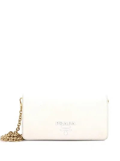 Pre-owned Prada Monochrome Wristlet Wallet On Chain Saffiano Leather Mini Clutch Bag In White