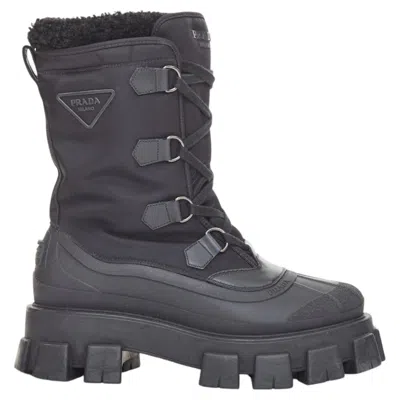 Pre-owned Prada Monolith Black Nylon Shearling Winter Boots Black Platform Lug Uk8 Eu42