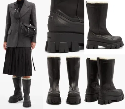 Pre-owned Prada Monolith Boots Chunky-sole Leder Shearling Stiefel Shoes 36 In Black
