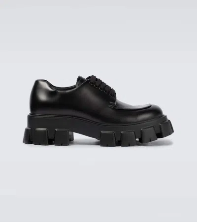 Prada Monolith Brushed Leather Derby Shoes In Nero