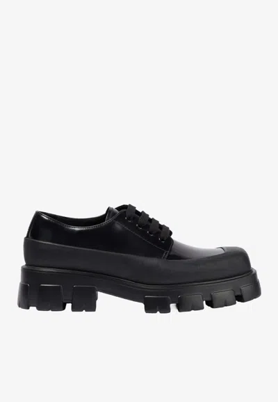 Prada Monolith Brushed Leather Lace-up Shoes In Black