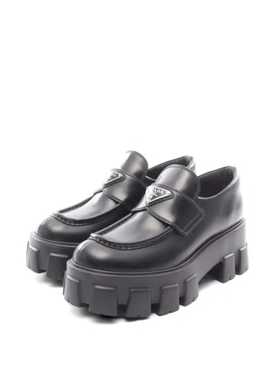 Pre-owned Prada Monolith Brushed Leather Loafers In Black