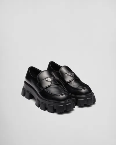 PRADA MONOLITH BRUSHED LEATHER LOAFERS
